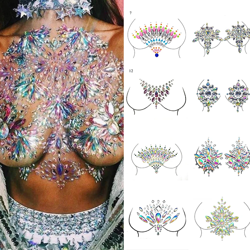 3D Face Gems Jewels Sticker Rhinestone Glitter Temporary Tattoos