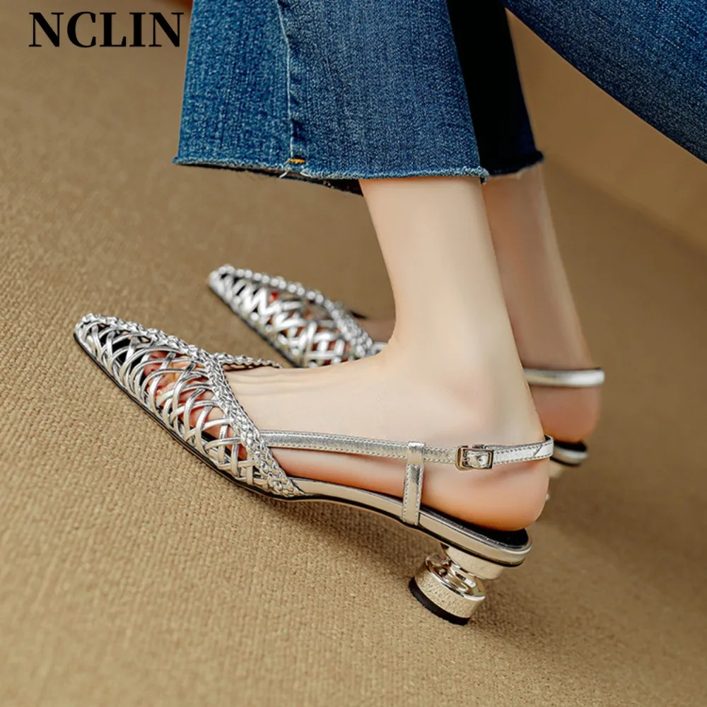 Brand Designer Sexy Slingbacks High Heels Pumps Women Gold Silver Pointed Toe Party Shoes Summer Round Heeled Sandals High Heels