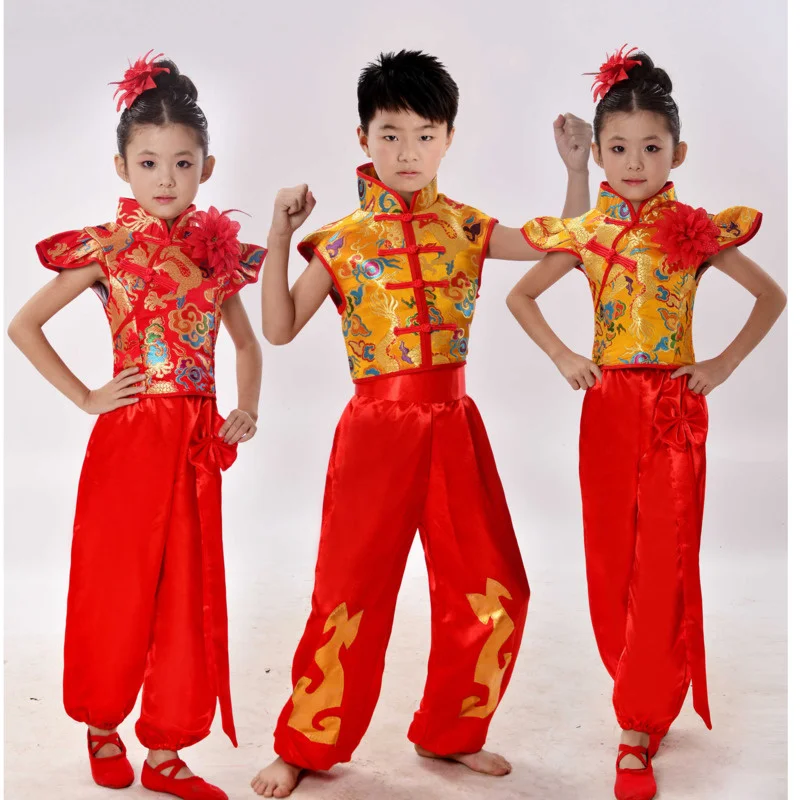Children Dragon Yangko Folk Dance Costumes Modern Hanfu Girls Boys Lion National Wushu Kung Fu Chinese Traditional Dance Costume, chinese traditional costumes