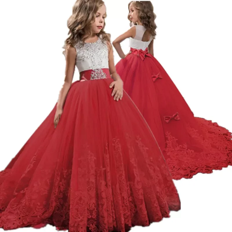 Red Girl Lace Embroidery Christmas Birthday Party Dress Flower Wedding Gown Formal Kids Dresses Girls Teen Clothes 6 14 Yrs