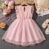 Robe de princesse pour filles de 4 à 7 ans, col rond, manches à ailes, nœud papillon, imprimé Floral, broderie, vêtements d'été doux pour fête d'anniversaire 2