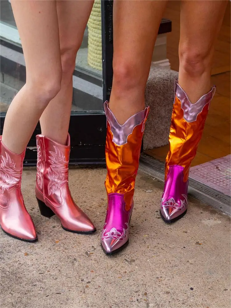 

Mix Colours Pink Silver Glitter 39 Thigh High Shiny Leather Pointed Toe Knee Heels Punk Western Cowboy Women's Boots Trend 2023