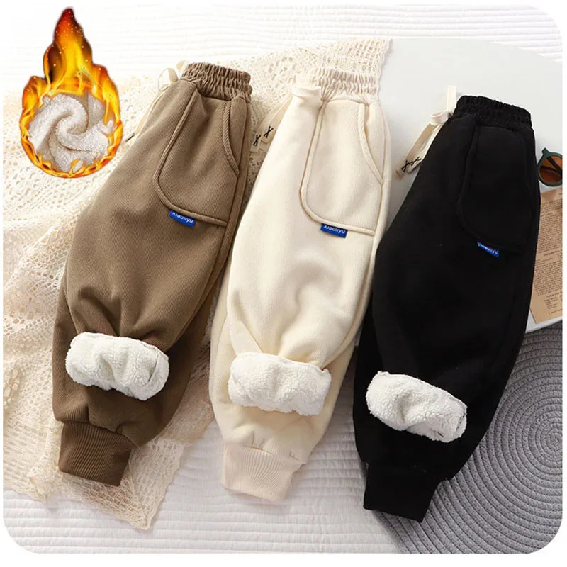 Kids Paded Pants Boys Girl Plus Velvet Thick Warm Trousers Autumn Winter Cotton Outer Wear Sport Casual Pants Children Clothes