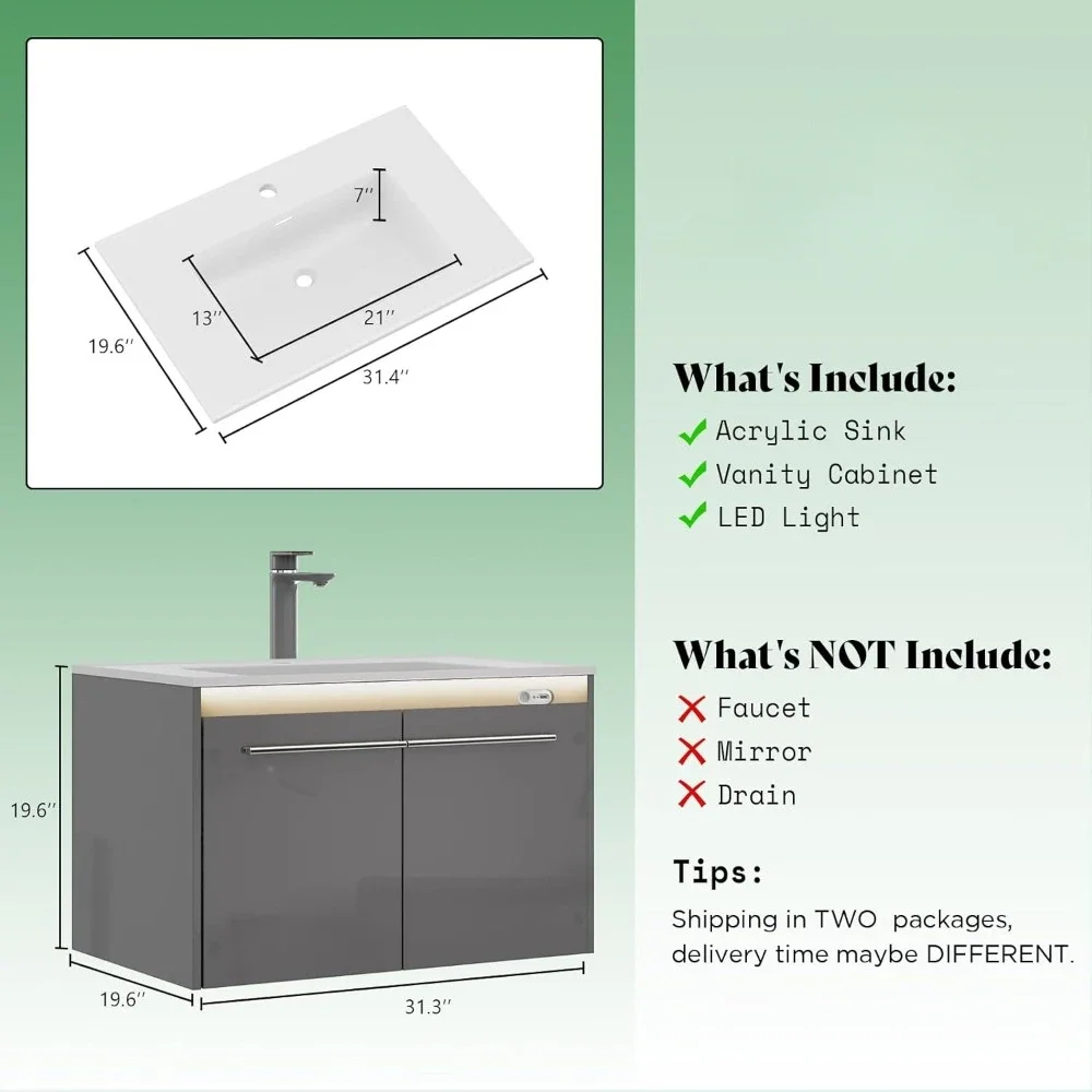 31" LED Floating Bathroom Vanity with Sink, High Gloss Single Sink Wall Mounted Bathroom Storage Vanity Cabinet 2