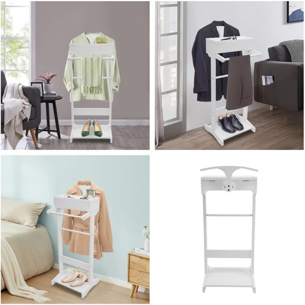 wood men valet stand with drawer, top tray, contour hanger, trouser bar, shoe rack, suit valet stand clothes stand clothes rack