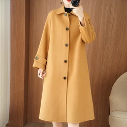 Single Row Multi-Buckle Doll Collar Women's Coat Long Pure Wool Women's Coat Autumn and Winter Wild Double-Sided Wool Woolen Top