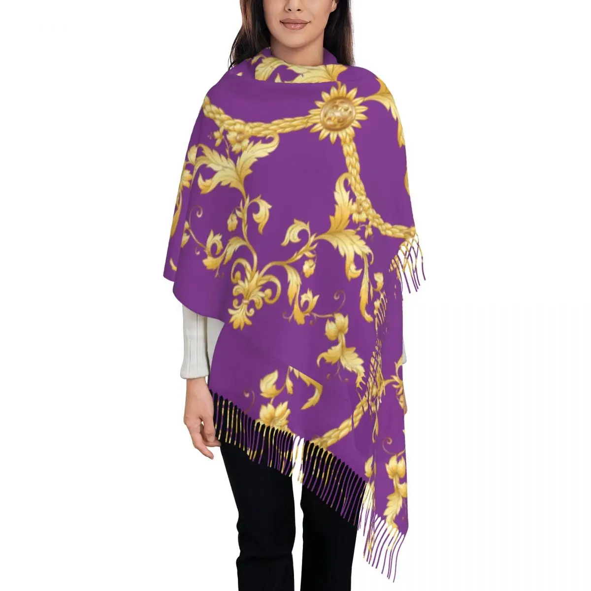 

Luxury Golden European Floral Scarf Wrap Women Long Winter Fall Warm Tassel Shawl Unisex Baroque Victorian Art Scarves