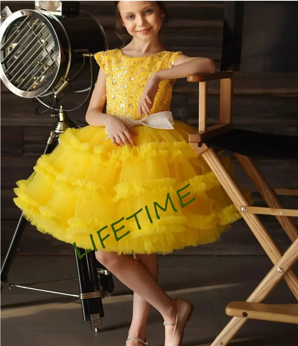 

Puffy Glitter Yellow Flower Girl Dresses Tiered Tulle Girls Princess Dress Wedding Party Dress First Communion Gown Baby Gown