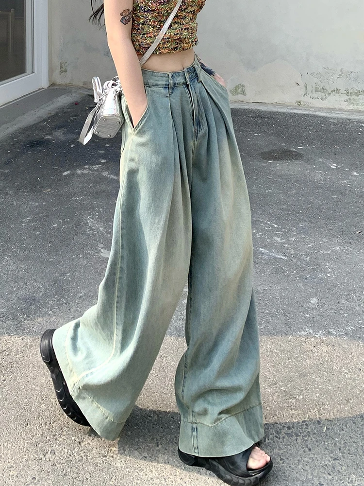 High Street Girl Toweling Oversized Jeans High Waist Loose Casual Vintage Denim Pants Streetwear Fashion Pocket Trousers Female