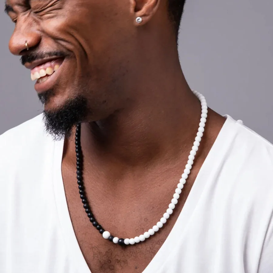 Men Black White Stone Tai Chi Pendant Necklace