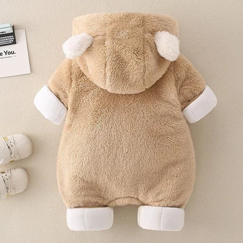 بذلة AYNIGIELL النسخة الكورية للأطفال من القطيفة، بذلة سميكة ودافئة بغطاء للرأس، ملابس خارجية قطنية من عمر 0 إلى 18 شهرًا 6