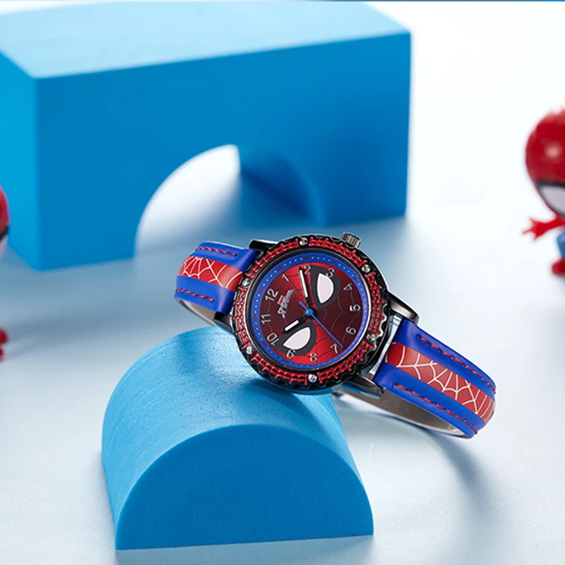 Disney-Relógio de pulso infantil Spiderman, relógios impermeáveis para meninos, relógio de couro, brinquedos de quartzo, presentes para crianças