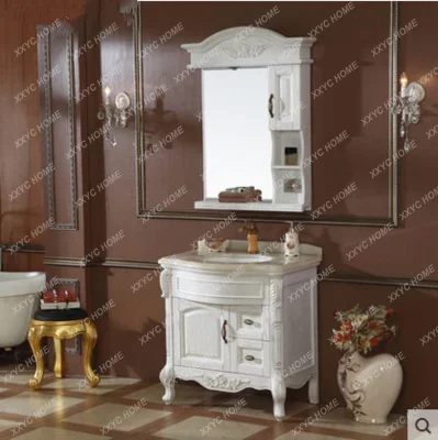 Oak Wood Carved Floor Cabinet Hand Washing and Face Washing Bathroom Cabinet Combination