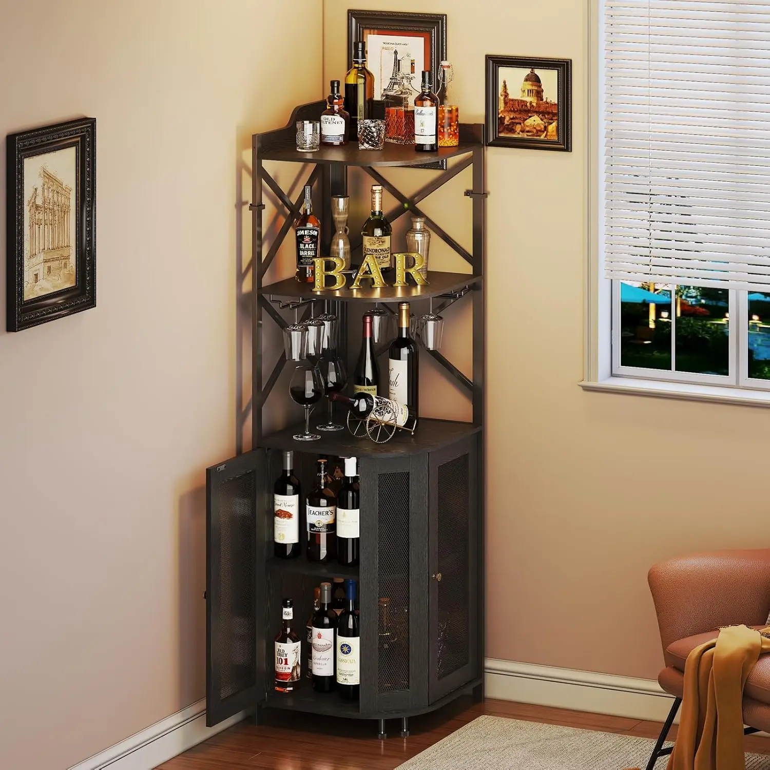 Industrial Corner Bar Cabinet with LED Lights, 5-Tier Wine Storage with Glass Holder and Door, Black Home Bar Furniture