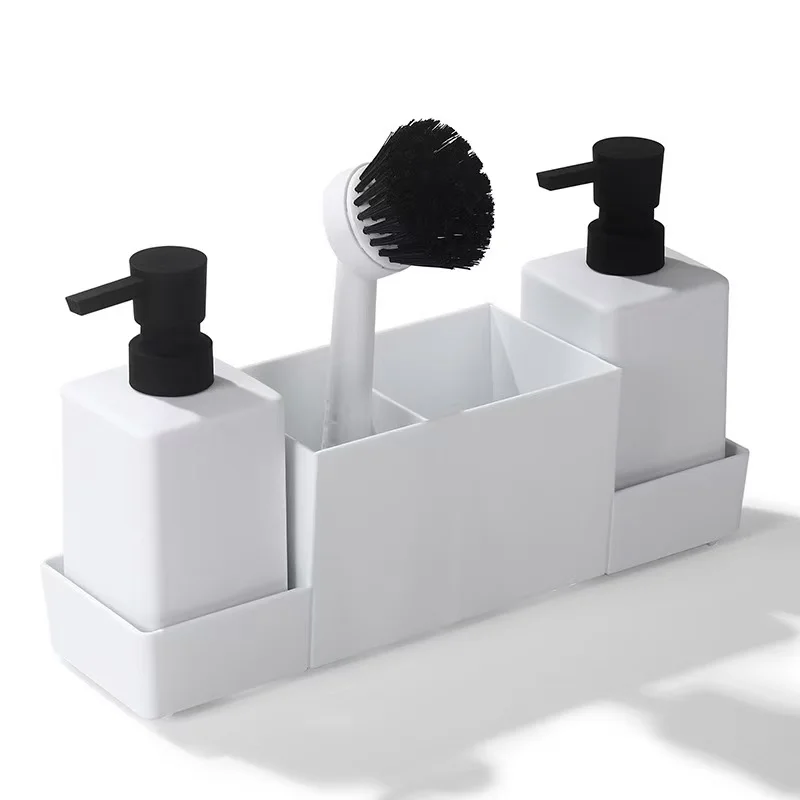 Kitchen soap dispenser with sponge holder and dishwashing brush, for hand washing and dishwashing, bottle with tray