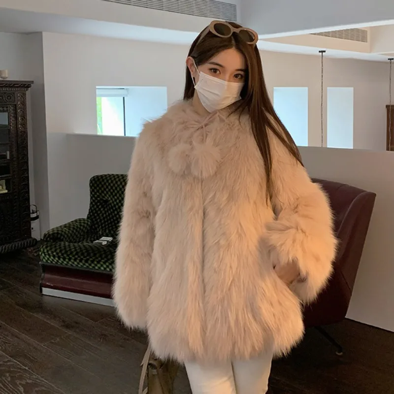 Faux Fox Fur Coat for Women, Loose Mid-Length, Stand Collar, Casual Outwear, Pure Color, Warm Keeping, Winter Fashion, New, 2024