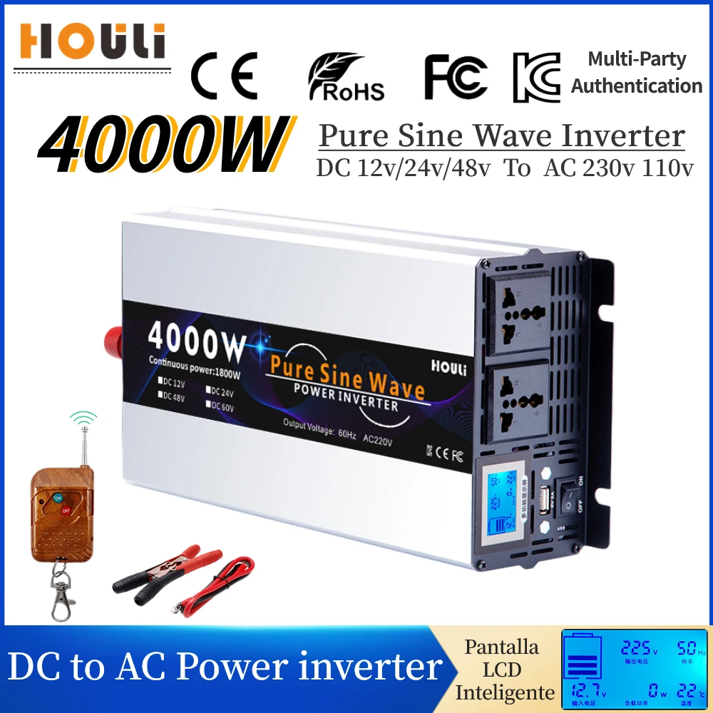 

3000W 4000W Pure Sine Wave Inverter 12v 24v 48v To AC 230v 220v Volt Europe Power Converter Solar Car Inverters With USB Charge