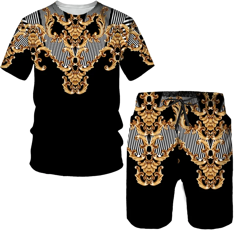

Summer men of precious gold shirtpantsset in 3D paint printed two pieces of Jogger fashion suit male Streetwear clothes
