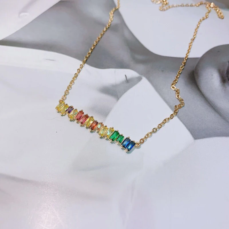 

Fashion Luxury Multicolor Baguette Pendant Necklace Beautiful Full Cubic Zircon Fashion Charm Women Party Jewelry Bijoux N-226