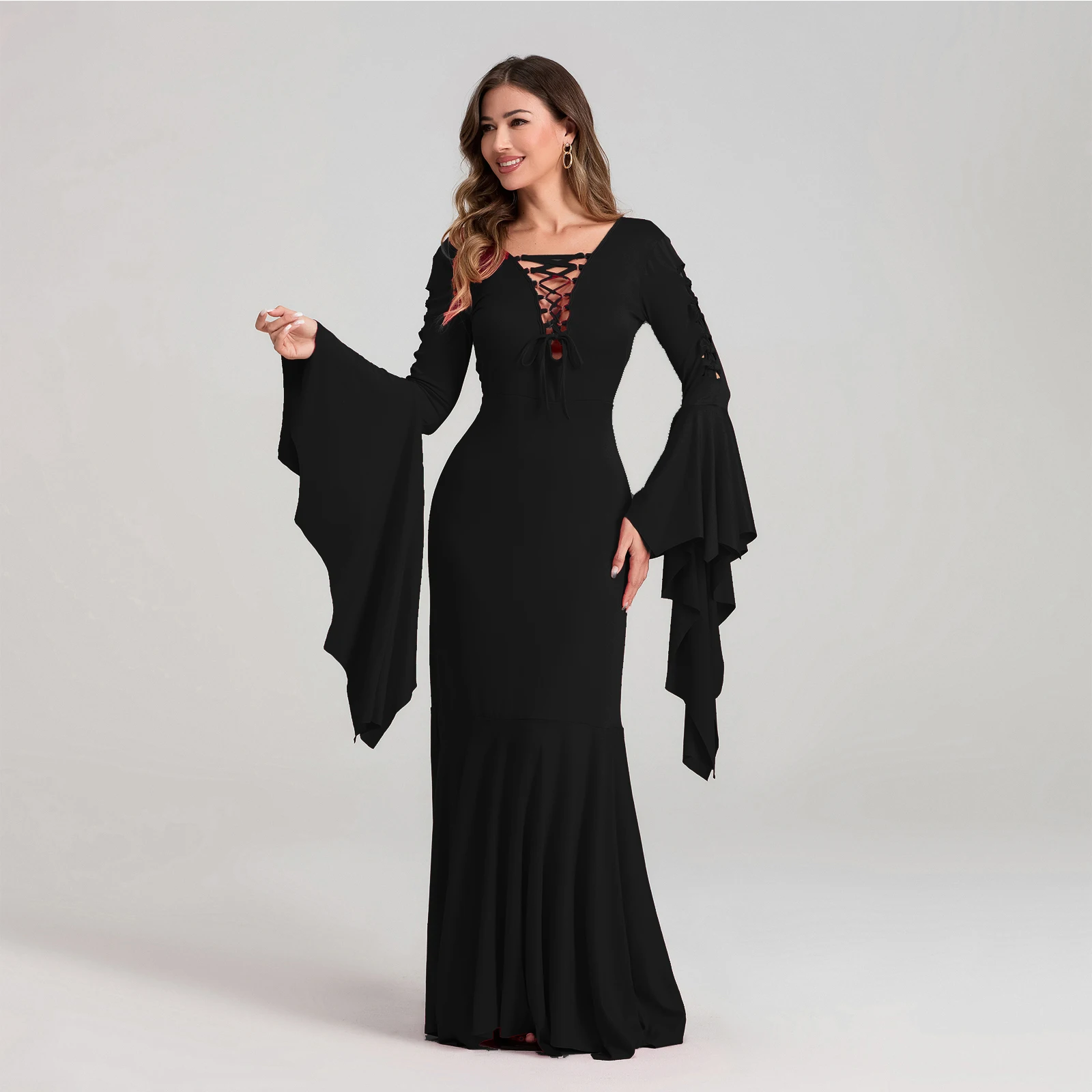 Women Halloween Vampire Cosplay Costumes Cut-out Cross Lacing Long Sleeves Bodycon Floor Dress Gothic Cosplay Outfits
