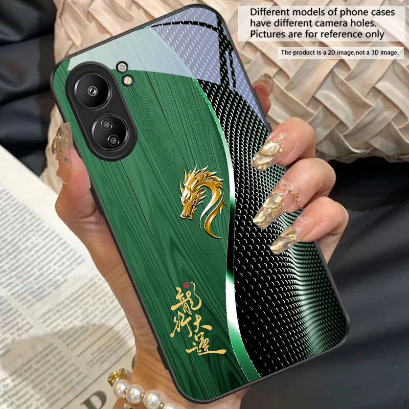 Elegant Black Tempered Glass Phone Case with Traditional Dragon Totem Design