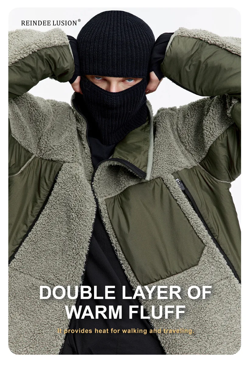 Reindee Lusion 22FW  Diagonal zipper fleece jacket warm coat spicing materials multiple pockets techwear gorpcore outdoor
