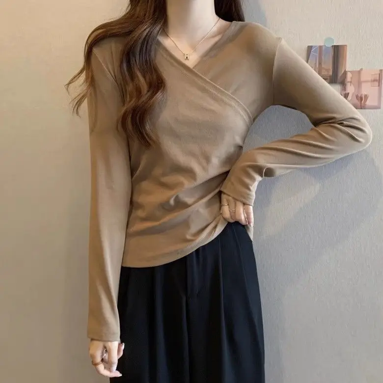 

2023 Autumn New Solid Shoulder Pullover V-neck Long Sleeve Top T-shirt For Women