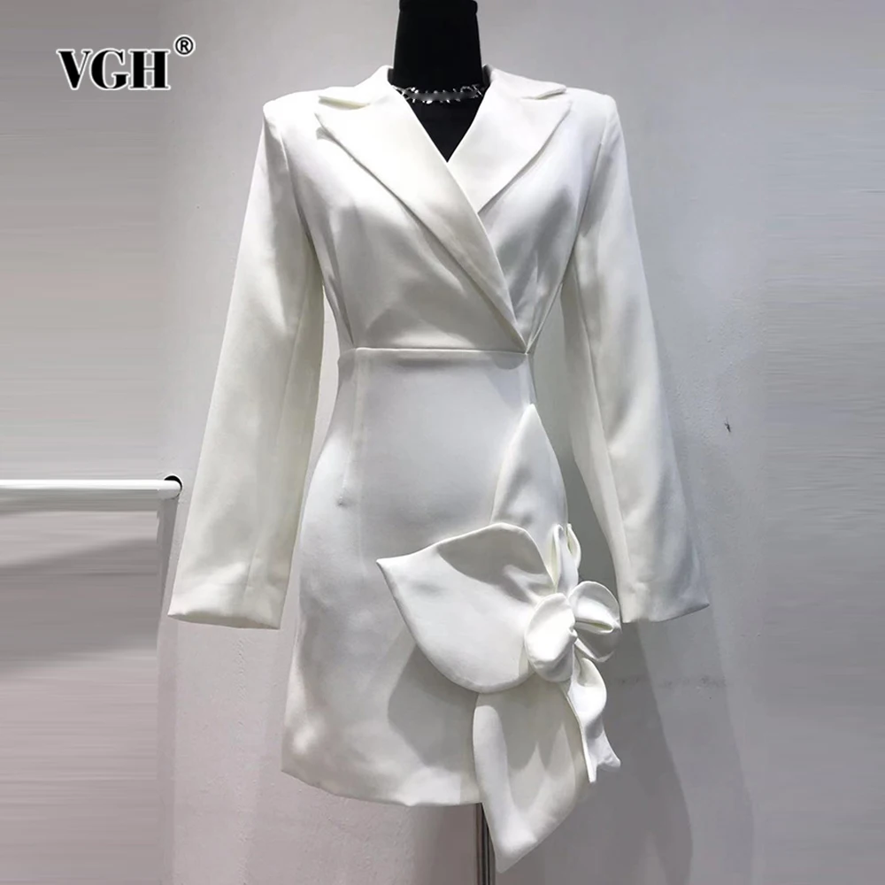 

Женское лоскутное платье с аппликацией VGH, однотонное платье с отложным воротником, длинным рукавом и высокой талией, темпераментные платья на молнии для женщин