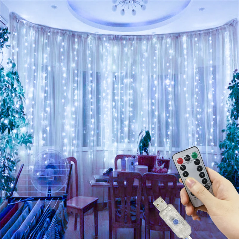 Description Picture 3 of item3/6M USB LED Curtain 8Modes Remote Control String Lights Holiday Wedding Fairy Garland Lights For Bedroom Living Room Decor