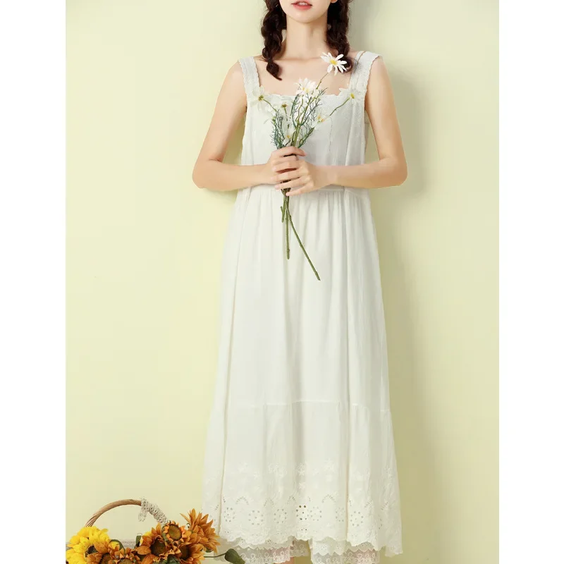 

Женское длинное платье без рукавов, винтажное повседневное свободное платье из 100% хлопка с цветочной вышивкой и кружевом, 2024