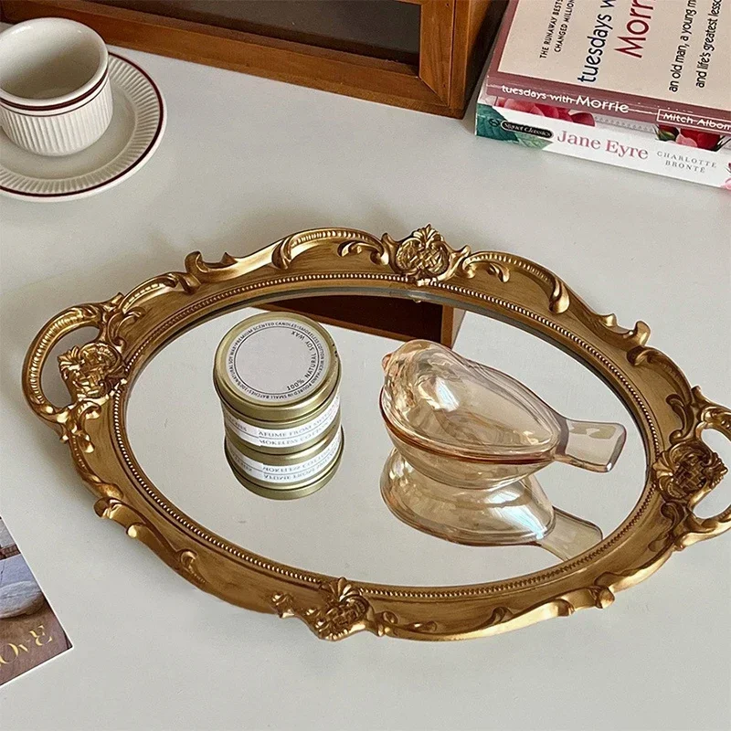 European Style Plastic Mirror Tray Oval Dessert Cupcake Plate Jewelry Display Storage Stand Make Up Mirror Home Table Decorative