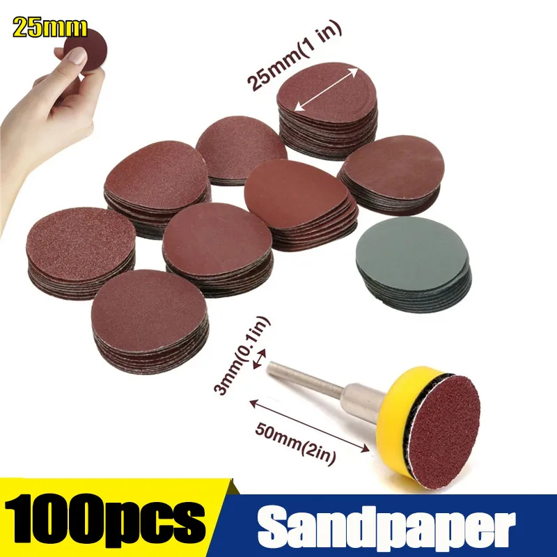 

100pcs 25mm/1inch Sandpaper + 1pcs 1inch Hook Loop Backer Plate 1/8inch Shank + 1pcs Loop Sanding Pad Abrasives Mixed Polishing