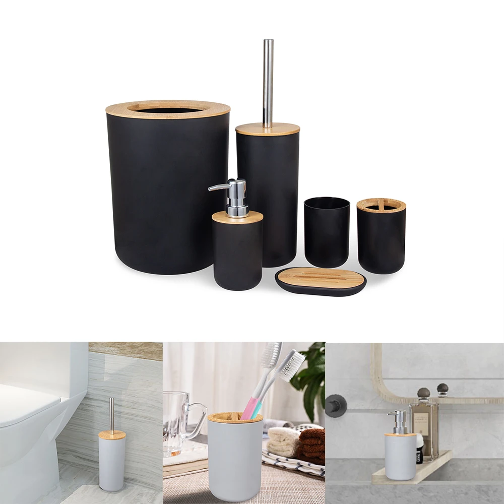 

Toothbrush Cup Holder Lotion bottle Toilet Brush Trash Can Bamboo Plastic Bathroom Storage Set 6Pcs/Set Soap Dispenser Box