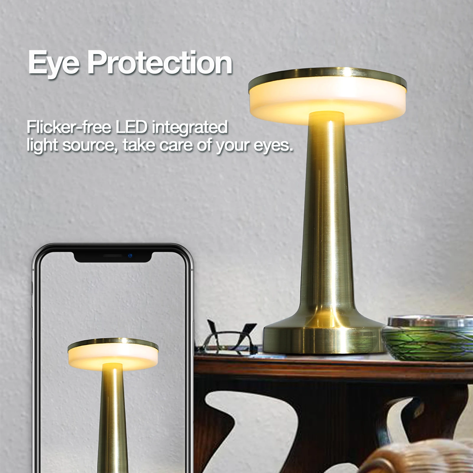Cordless Desk Lamp with 3 Color Adjustable TemperaturesTouch Control Eye Portection Stepless Dimming Metal Drawing Process 3