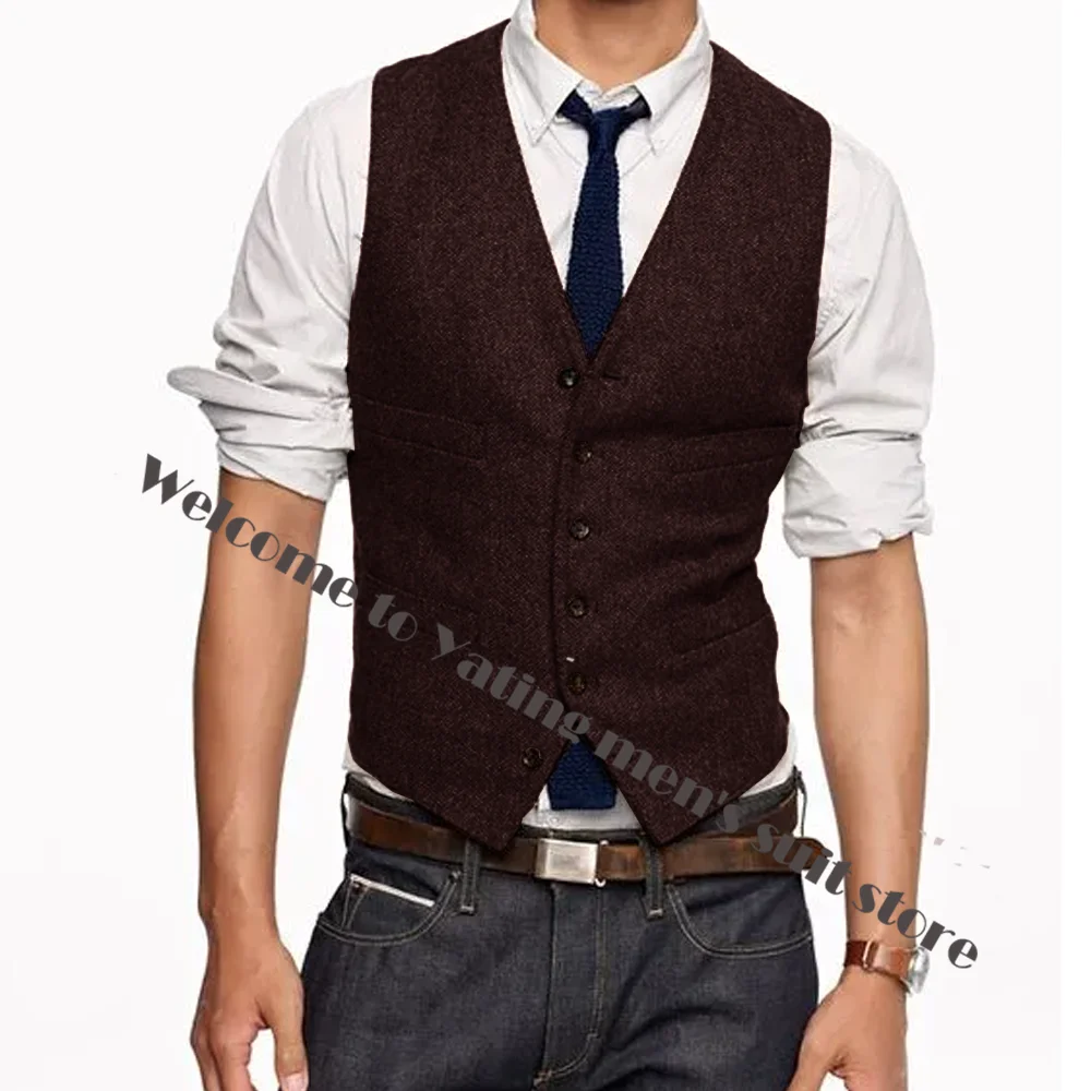 Bristish Groom Vests Brown Wool Herringbone Tweed Groomsmen Vest Mens Suit Prom Wedding Waistcoat Dress Plus Size In Stock