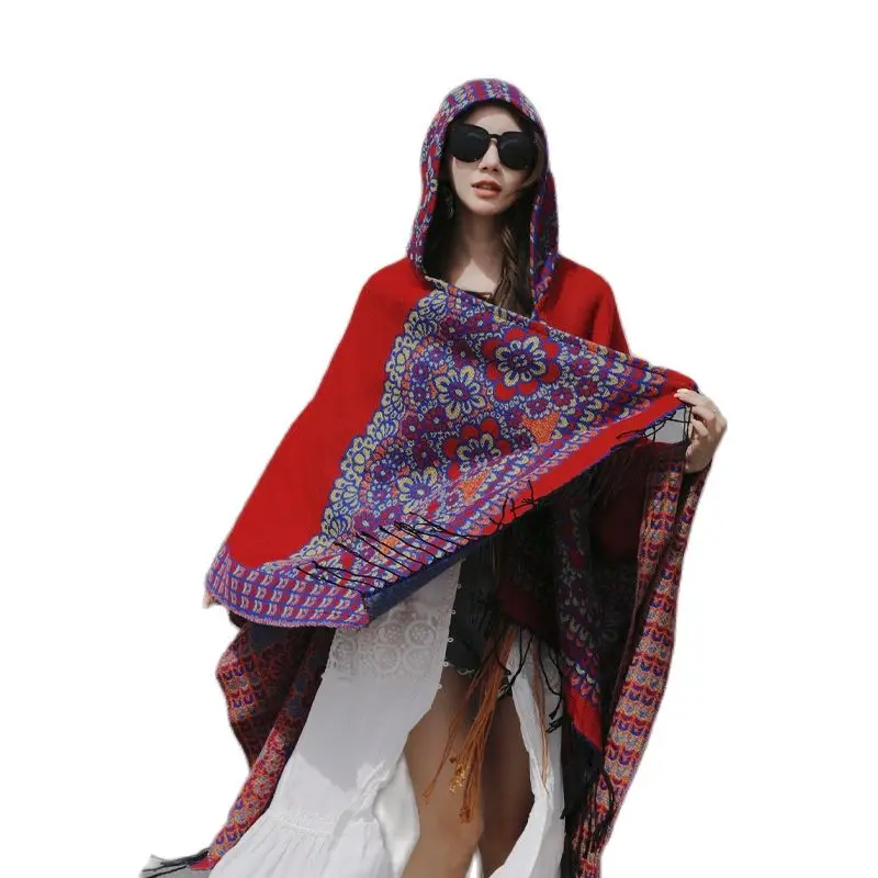 Poncho Woman Vintage Tassel Shawl 2023 Winter Flower Print Split Split Thermal Cape Hooded Double-sided Cape Pashimina