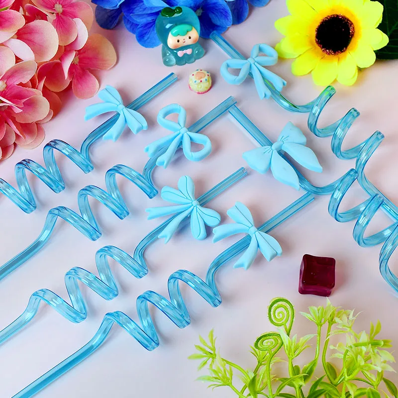 Reusable Blue Bow-Themed Spiral Straws - Set of 16 for Parties and Celebrations