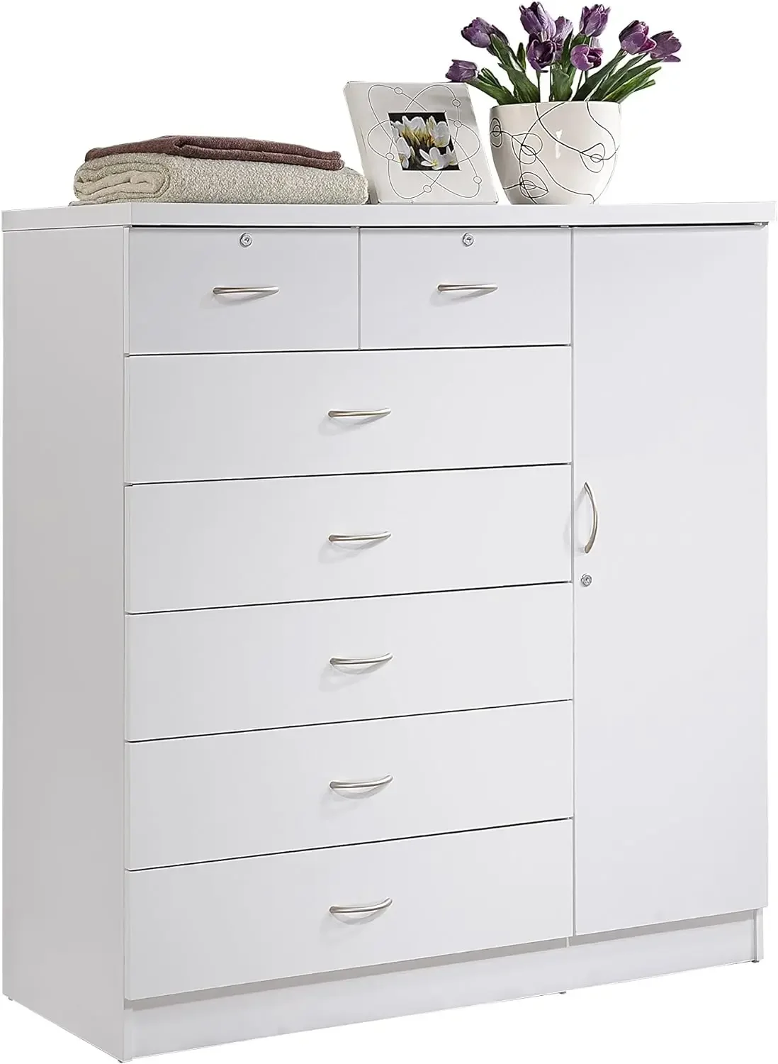 

2024 New 7 Drawer Jumbo Chest, Five Large Drawers, Two Smaller Drawers with Two Lock, Hanging Rod, and Three Shelves | White,USA