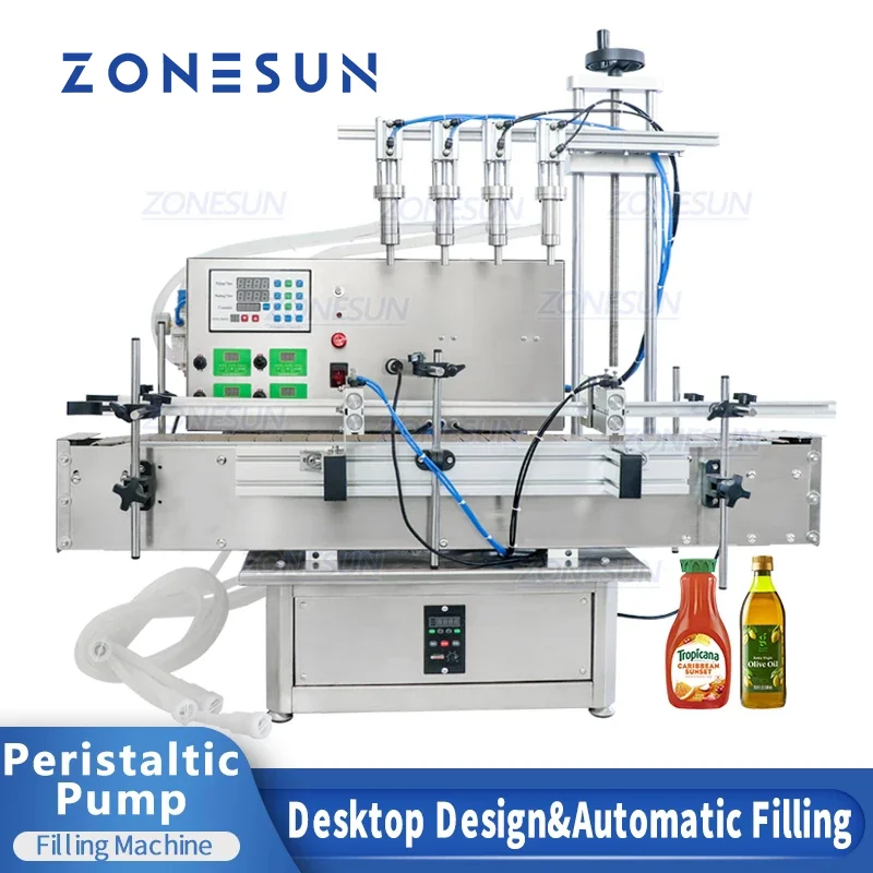 

ZONESUN Pneumatic 4 Nozzles Peristaltic Pump Eye Drops Filler Tabletop Automatic Cosmetics Lotion Liquid Filling Machine