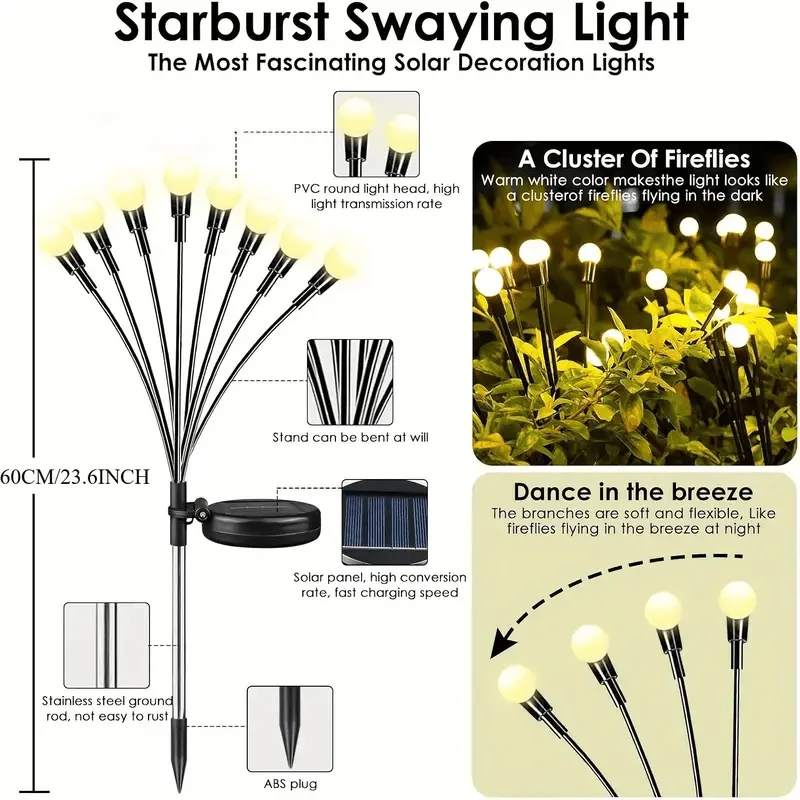 6/8/10 LED Solar Firefly Lights Waterproof Outdoor Swing Garden Lamp Flexible Wire Light for Yard Patio Christmas New Year Decor
