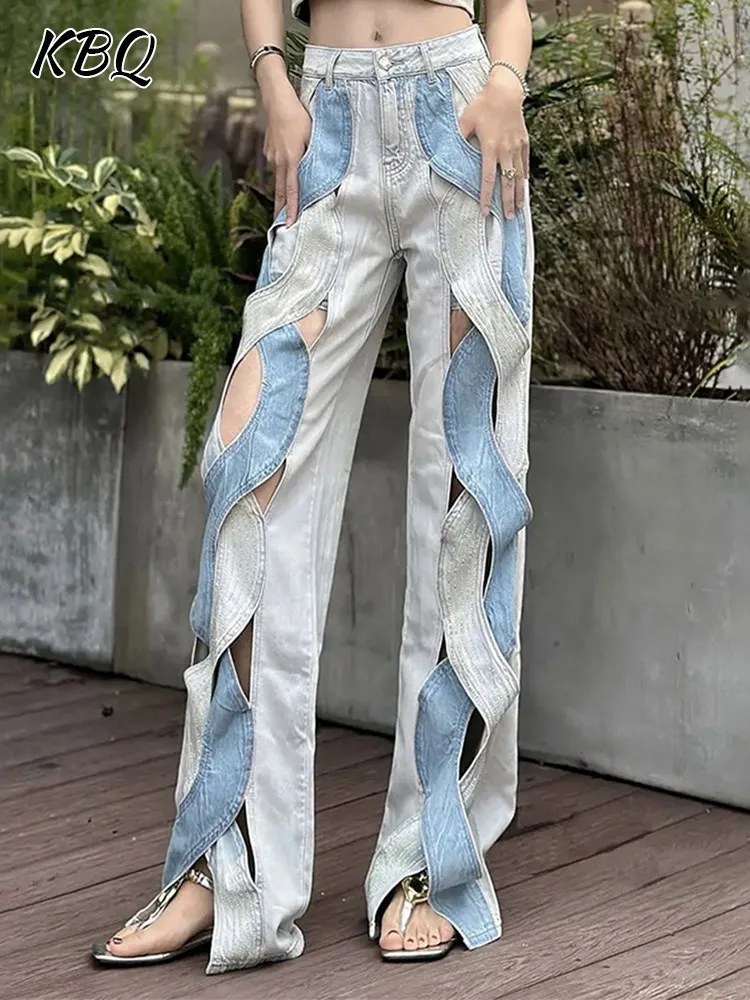 kbq-hollow-out-floor-length-denim-trousers-for-women-high-waist-patchwork-pocket-loose-colorblock-casual wide-leg-jeans-female