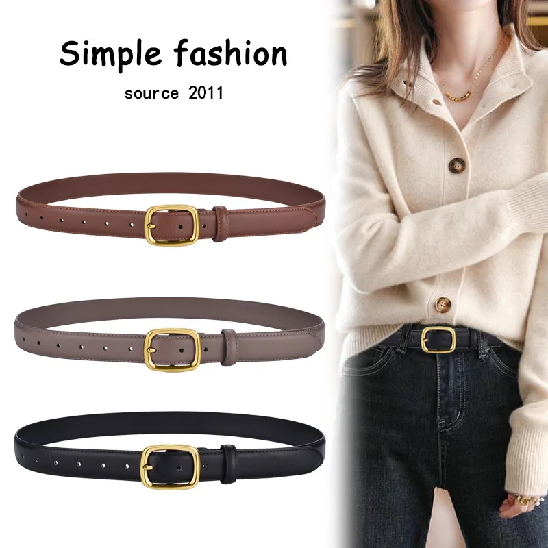 

2.8cm Genuine Leather Thin Belt For Women's Leisure Travel High-Quality Loose And Narrow Black Khaki Small Needle Buckle Belt