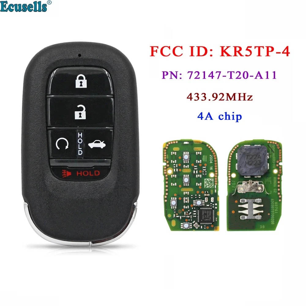 

5 Buttons Smart Keyless Go Remote Control Car Key Fob 433.92MHz 4A Chip for Honda Accord 2022 PN: 72147-T20-A11 FCC ID: KR5TP-4