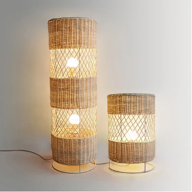 

Oriental Rattan Art Floor Lamp Modern Handicrafts Silent Wind Luminaire for Living Room Sofa Bedroom Bedhead Led Standing Lights