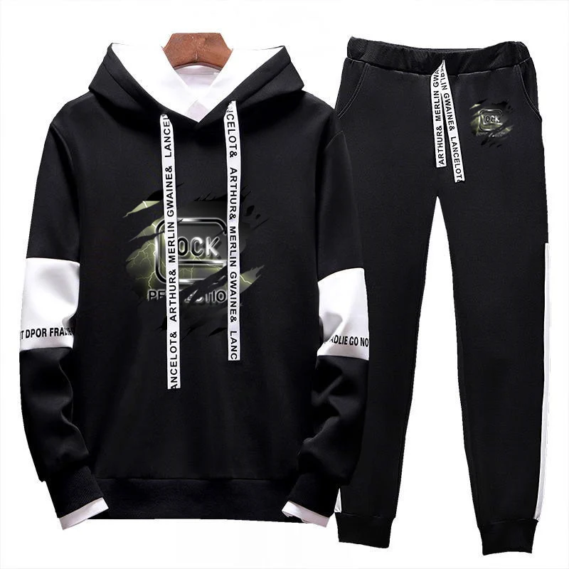 2023 Spring and Autumn Glock Perfect Shooting Fashion Printing Tri-color hoodie with splicing sleeves+fashion sweatpants suit