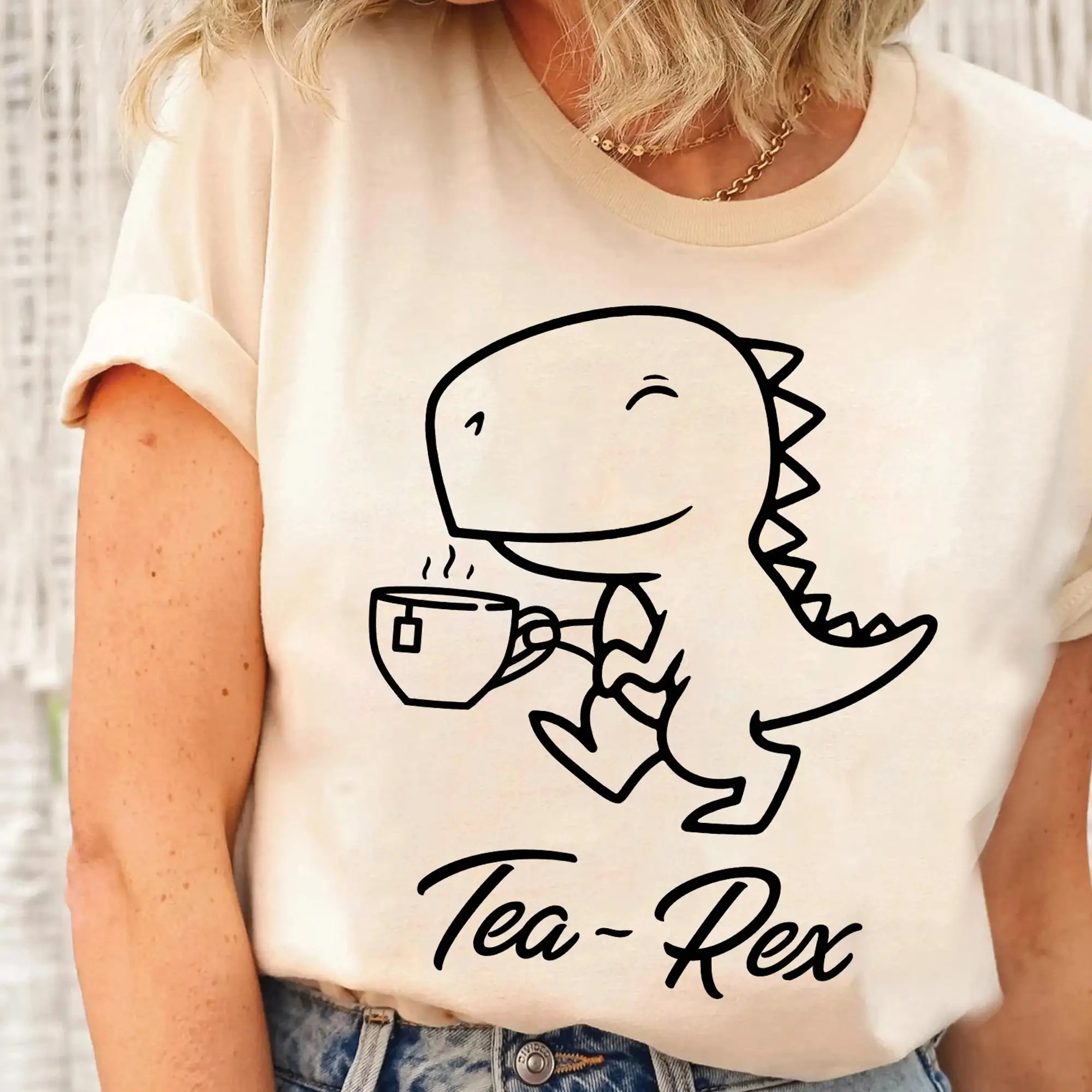 Tea Rex Cute Dinosaur T Shirt Coffee Lover Punny 'Tea Rex' Regalo Di Compleanno Maniche Lunghe O Corte