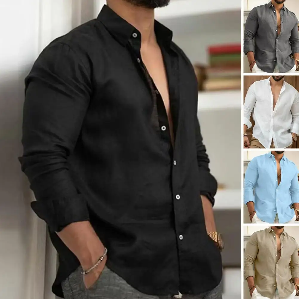 

Men Business Shirt Relaxed Fit Men Shirt Soft Breathable Men's Cardigan Stylish Lapel Long Sleeves Mid Length for Casual Commute