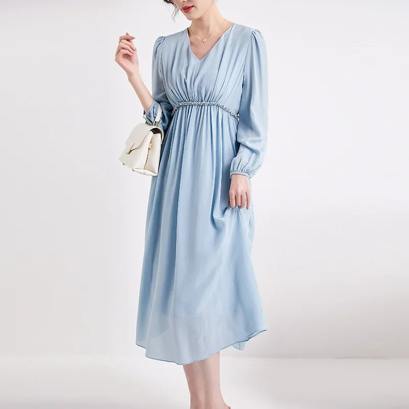 

Элегантное платье из чистого шелка для женщин, V-образный вырез, пышные рукава, эластичная плетеная веревка, облегающее платье на талии, однотонные шелковые платья тутового дерева