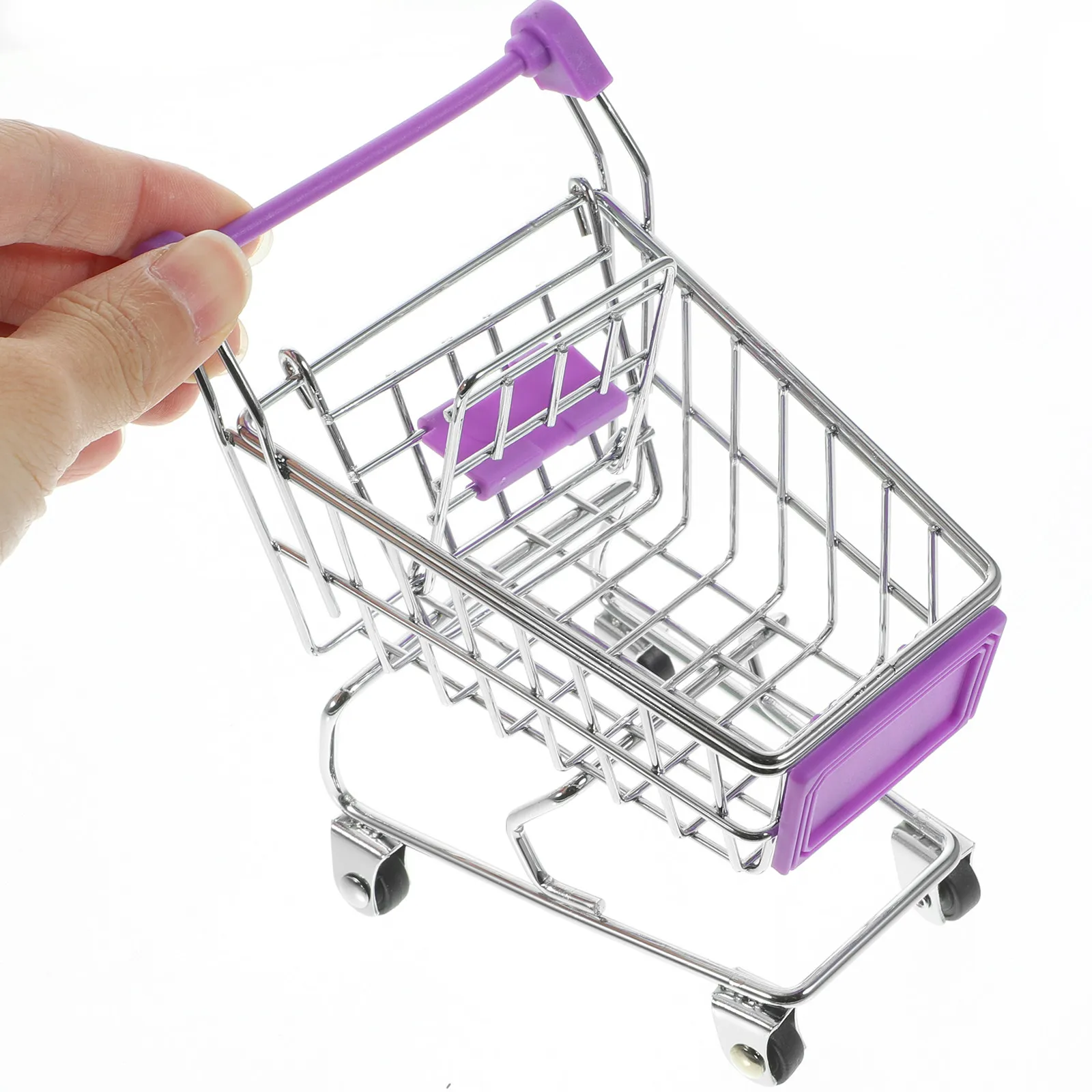 귀여운 미니 쇼핑 카트 보관 바구니 데스크탑 정리함 내구성 있는 금속 플라스틱 사무용품 홀더 (펜, 화장품, 소품용)