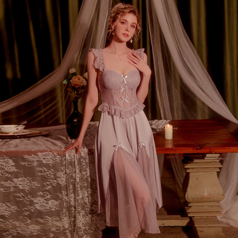 MECHCITIZ 6 ثوب النوم طويلة فستان النوم الحرير ملا...